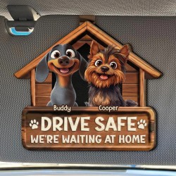 Personalized Dog Car Visor Clip - "Drive Safe We're Waiting At Home" - Custom Wooden Pet Memorial Gift for Dog Owners