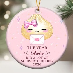 Personalized Ceramic Ornament, Cute Pink Dumpling Squishy Hunter, Unique Gift for Kids and Collectors