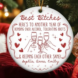 Funny BFF Cheers Ceramic Ornament, Red Line Art Best Friend Christmas Tree Decoration, Unique Friendship Gift