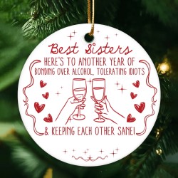 Funny BFF Cheers Ceramic Ornament, Red Line Art Best Friend Christmas Tree Decoration, Unique Friendship Gift