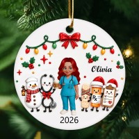 Personalized Ceramic Ornament with Nurse Holding Coffee and Medical Icons, Unique Creative Gift for Nurses