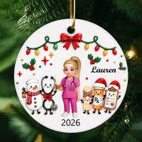 Personalized Ceramic Ornament with Nurse Holding Coffee and Medical Icons, Unique Creative Gift for Nurses