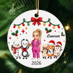 Personalized Ceramic Ornament with Nurse Holding Coffee and Medical Icons, Unique Creative Gift for Nurses