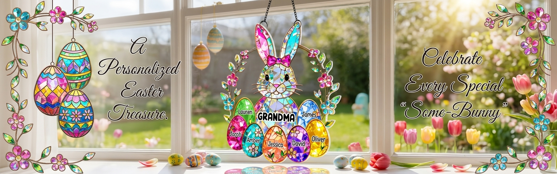 Decorative spring bunny suncatcher window hanging, custom floral and rabbit Easter decor for home from NeonNook.