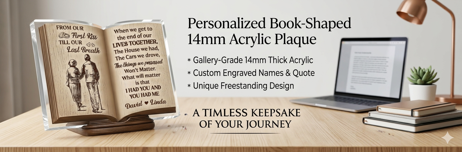 Personalized book-shaped 14mm thick acrylic plaque with custom anniversary quote and names