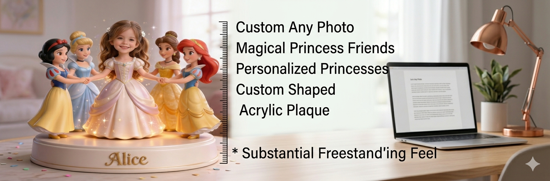 Freestanding magical princess acrylic plaque displayed on a pink girls bedroom nightstand